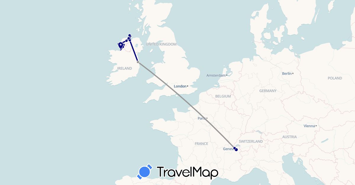 TravelMap itinerary: driving, plane in Switzerland, France, United Kingdom, Ireland (Europe)